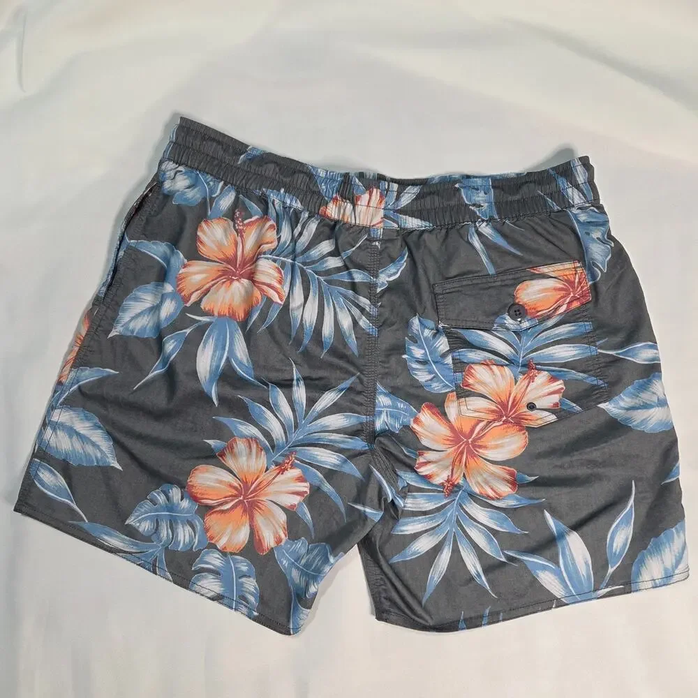 Ron Jon Surf Shop Men's Large Gray Floral Swim Trunks Board Shorts Elastic Waist